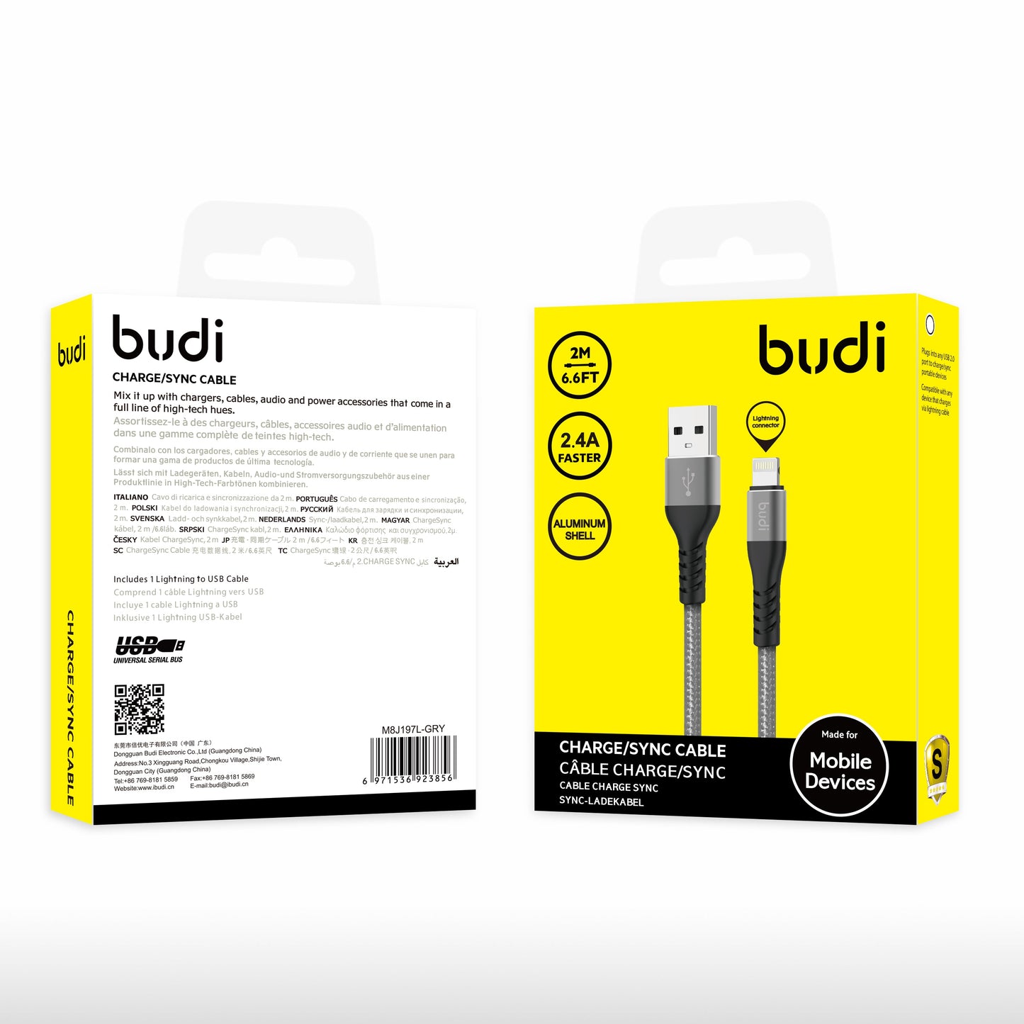 Budi 2m(6.6FT) Nylon Braided for USB to IPHONE Fast Charging Cable with Metal Case - Grey colour