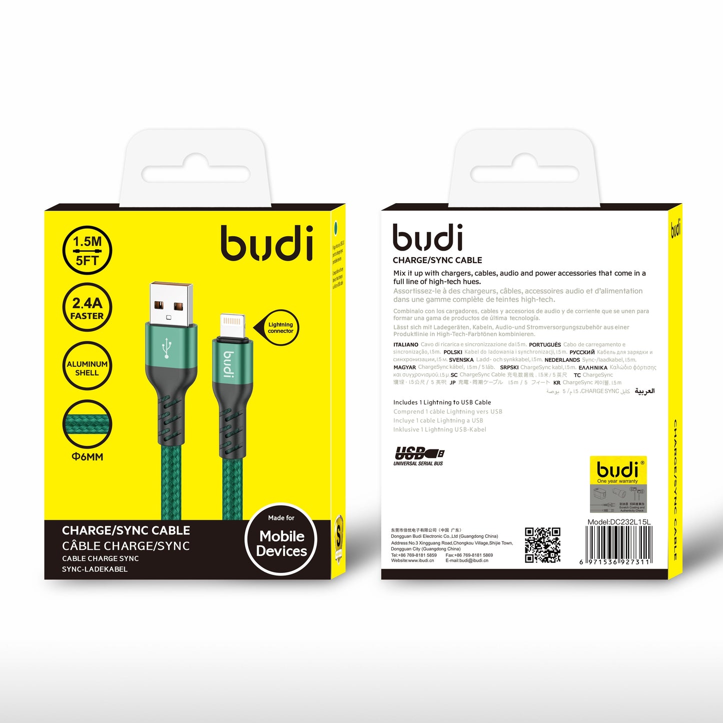 3A BUDI 1.5M USB TO LIGHTNING Braided CHARGING AND SYNC CABLE IN GREEN COLOUR