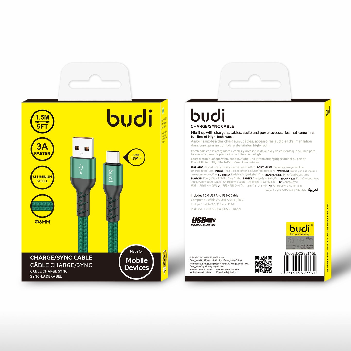 3A BUDI 1.5M USB TO TYPE-C Braided CHARGING AND SYNC CABLE IN GREEN COLOUR