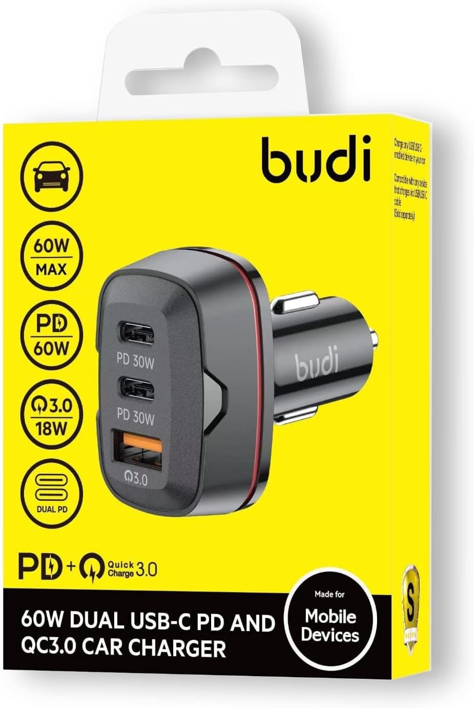 Budi 60W Dual USB C PD & QC 3.0 Car Charger