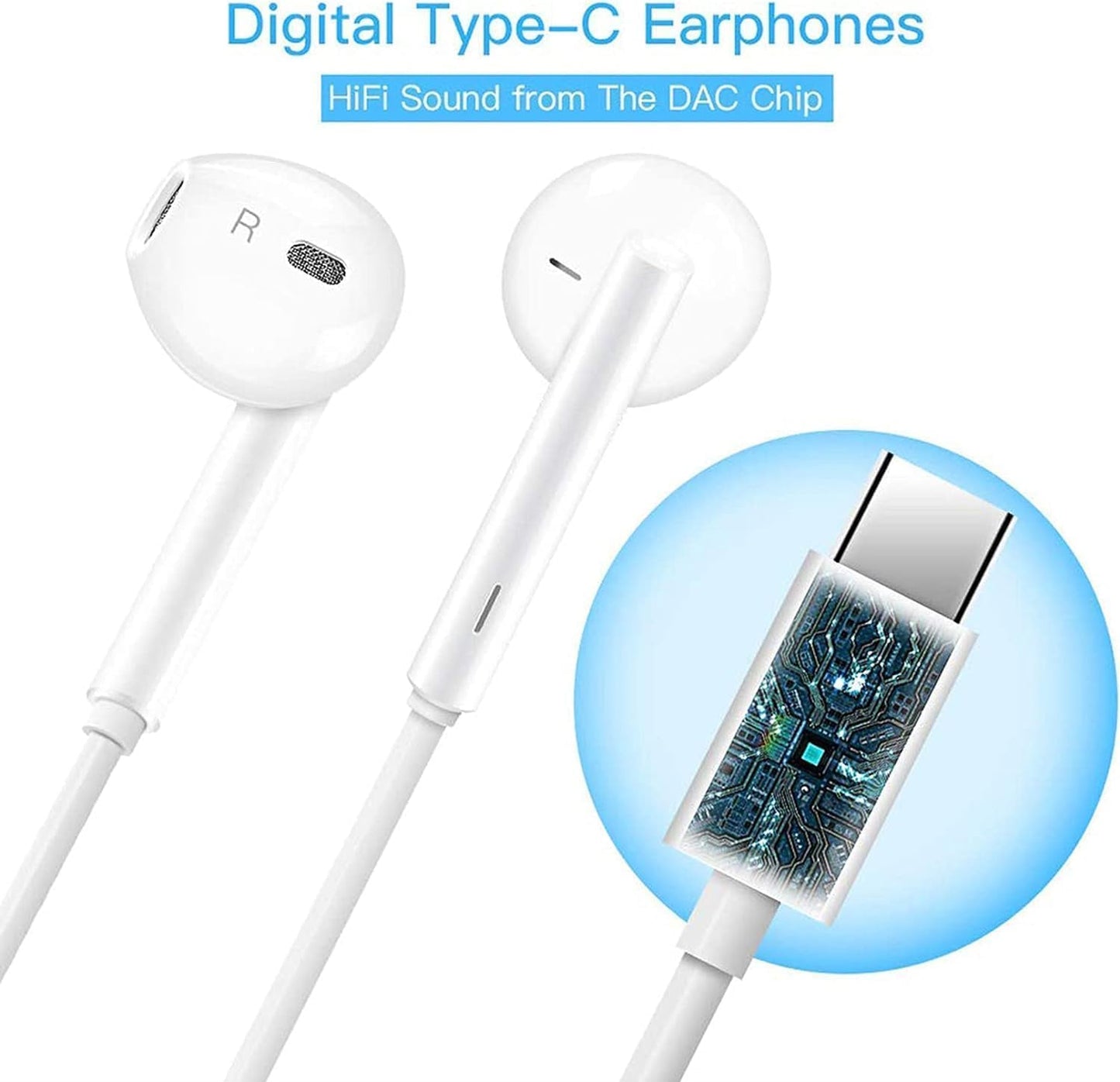 USB-C In-Ear Earphones with Mic & Volume Control, Hi-Fi Stereo Wired Earbuds:
