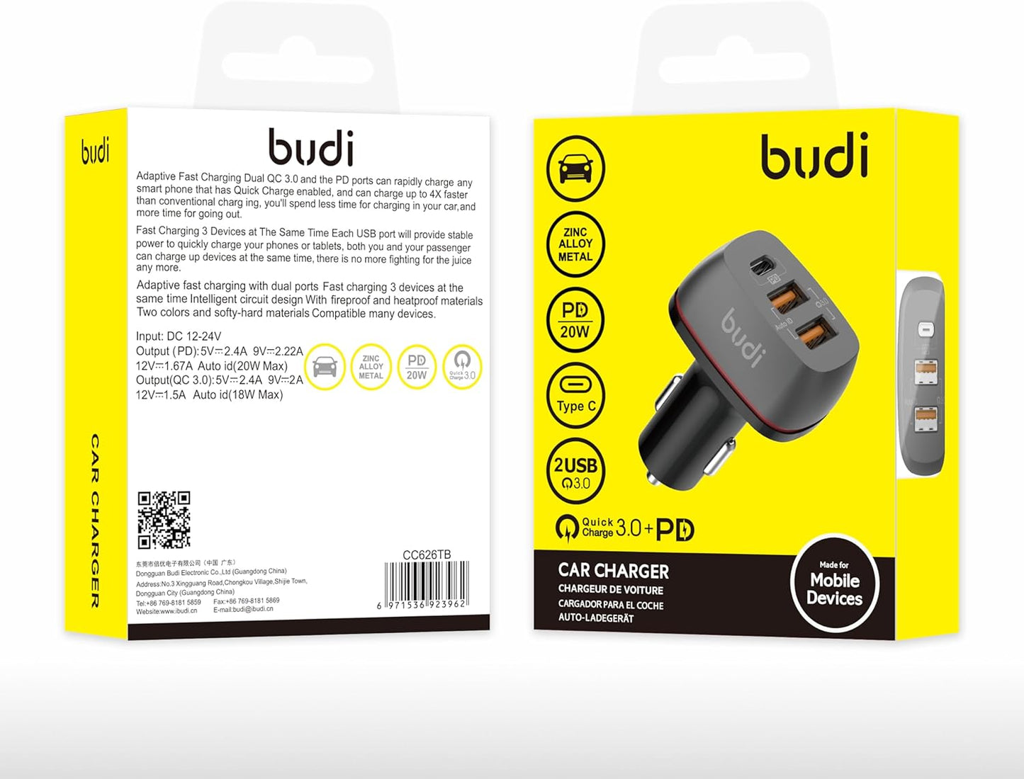 Budi - 3 Port Car Charger, 2x USB-A, 1x USB-C - CC626TB