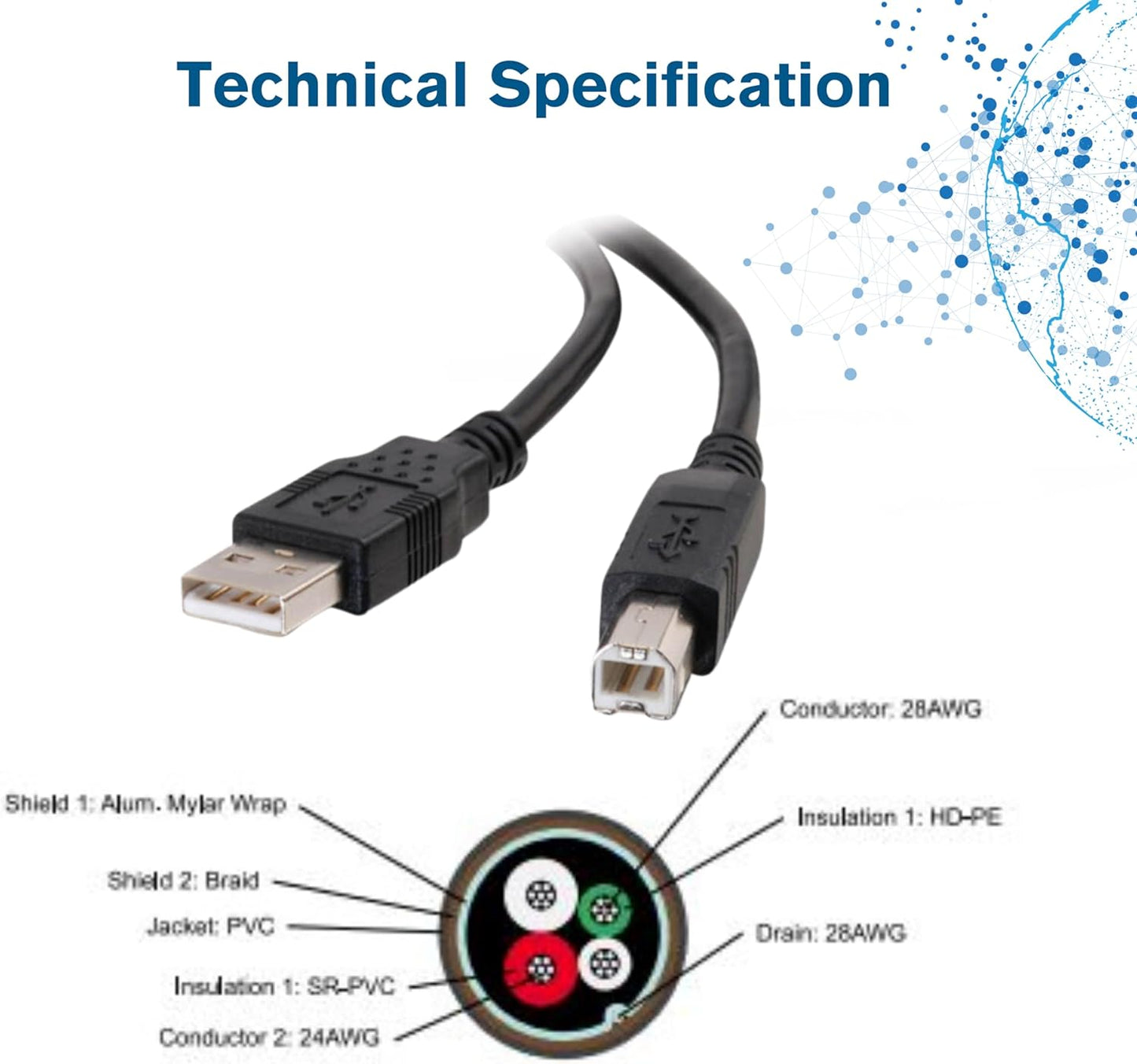 USB Printer Cable, USB 2.0 A to B Lead. Compatible with printers and scanners