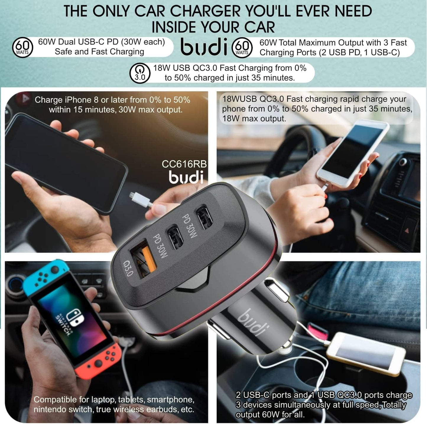 Budi 60W Dual USB C PD & QC 3.0 Car Charger