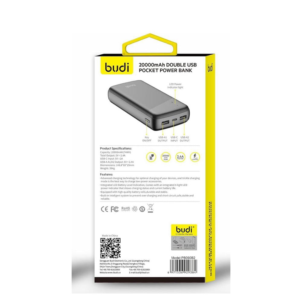 BUDI-20000mAh Double USB Pocket Power Bank-Fast Charging