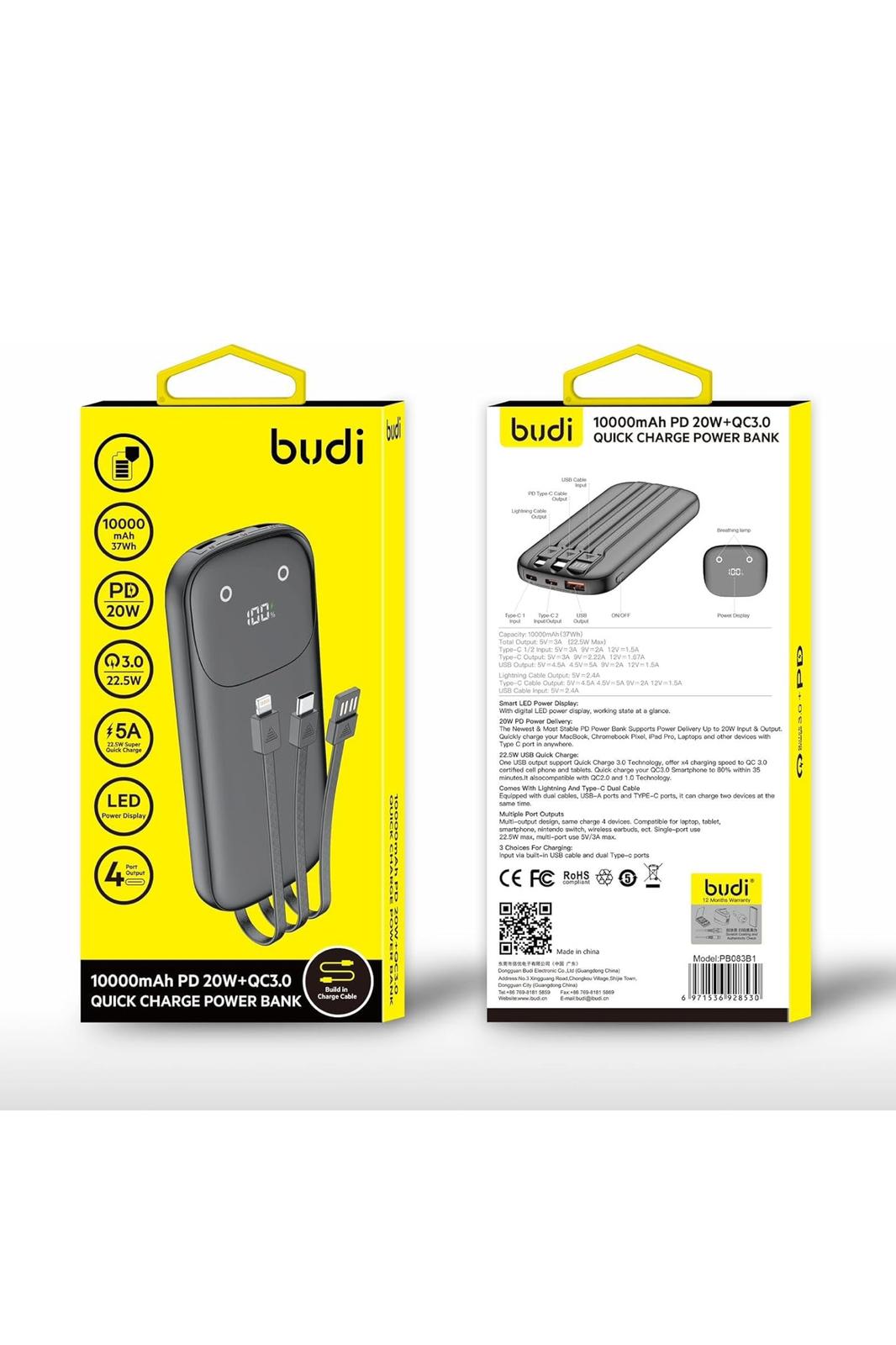 Budi 10000mAh PD 20W+QC3.0 Quick Charge Power Bank