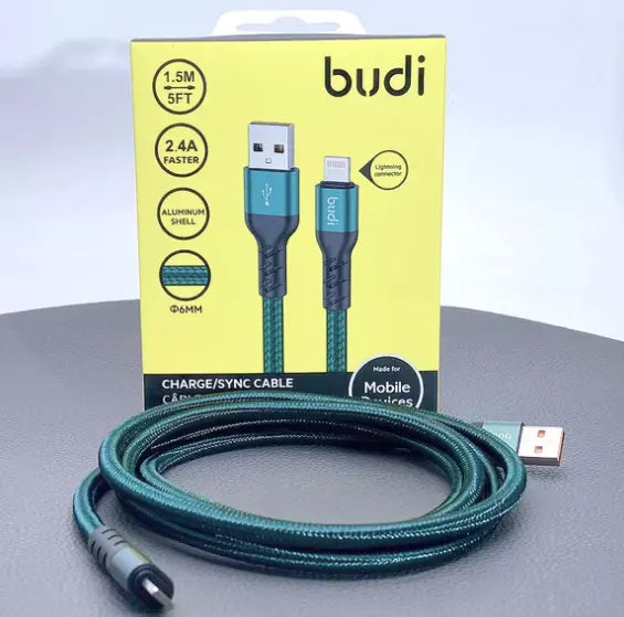 3A BUDI 1.5M USB TO LIGHTNING Braided CHARGING AND SYNC CABLE IN GREEN COLOUR