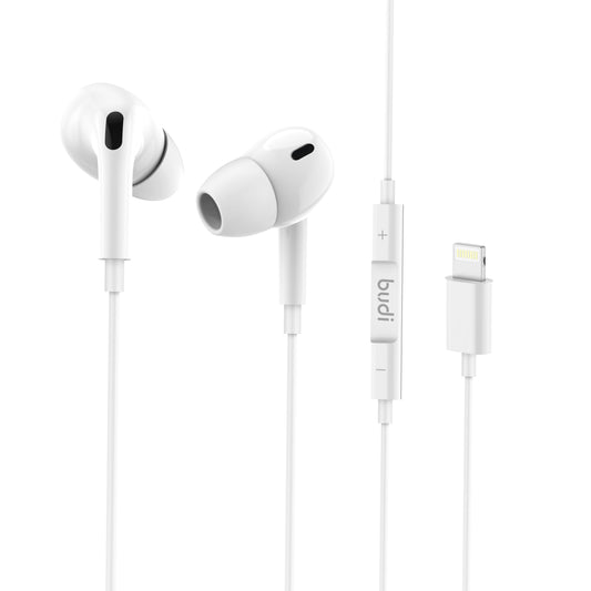 Budi Lightening Connector Earphones 1.2M With Remote Volume Controls & Mic For iPhones-WHITE